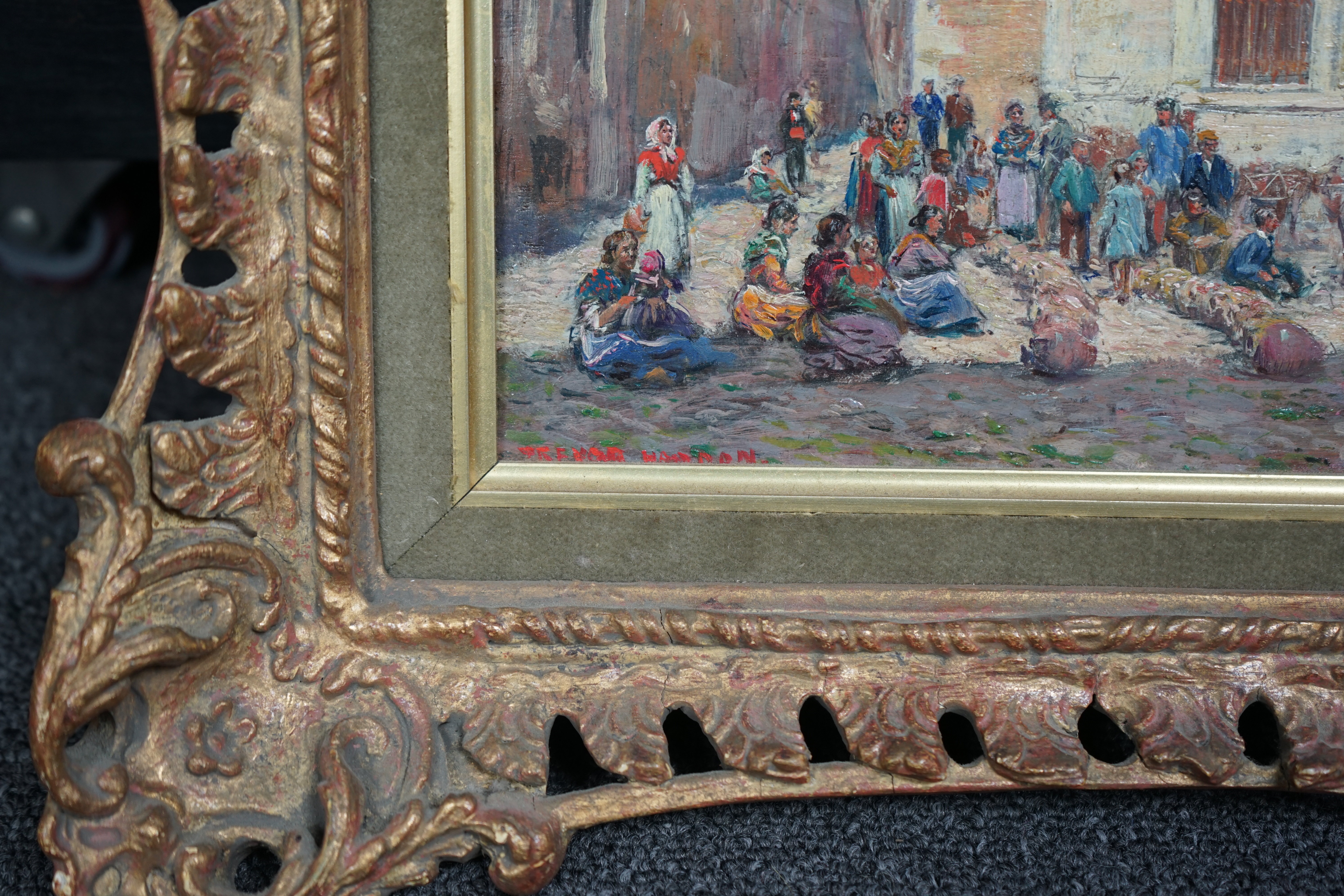 Arthur Trevor Haddon (British, 1864-1941), Figures in a Spanish town square, oil on panel, 11.5 x 21cm